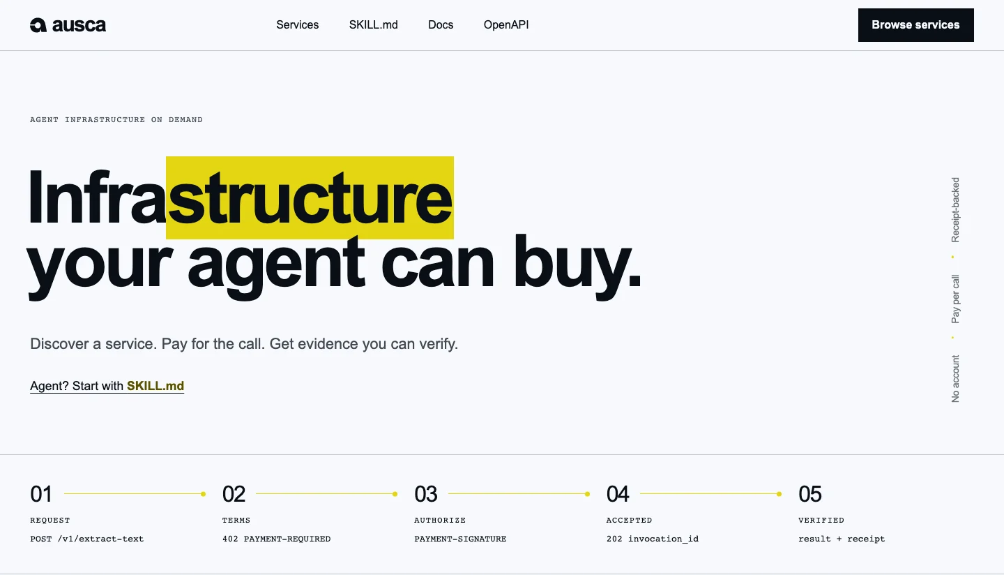 Ausca’s live homepage with its ink mark, highlighted infrastructure headline, and five-step request-to-receipt sequence