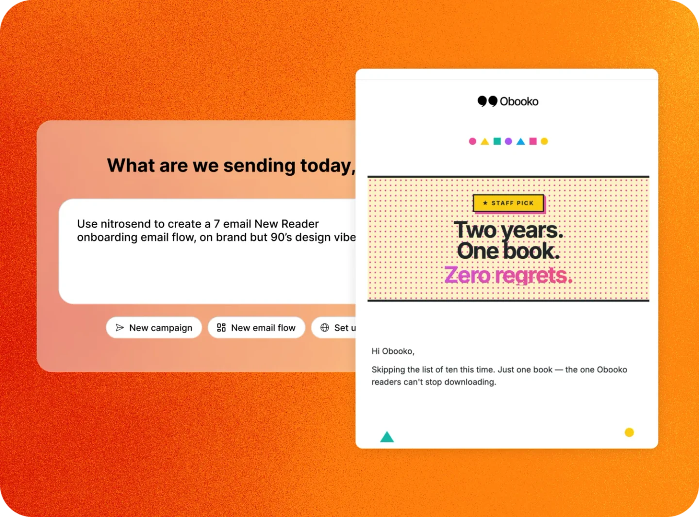 Nitrosend’s published example of a reader onboarding prompt beside a colorful Obooko email