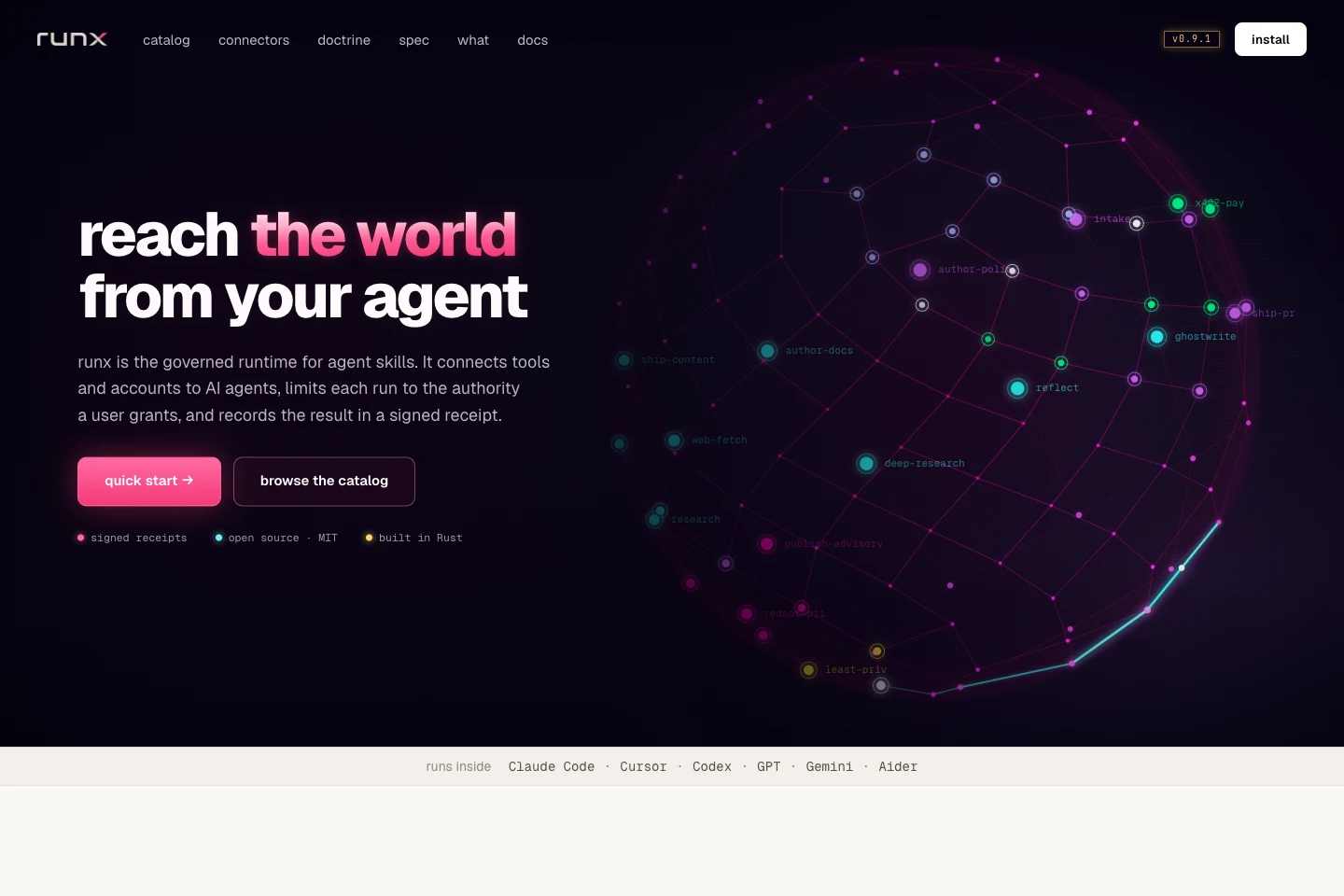 Runx’s homepage, with a glowing globe connecting agent skills around the world