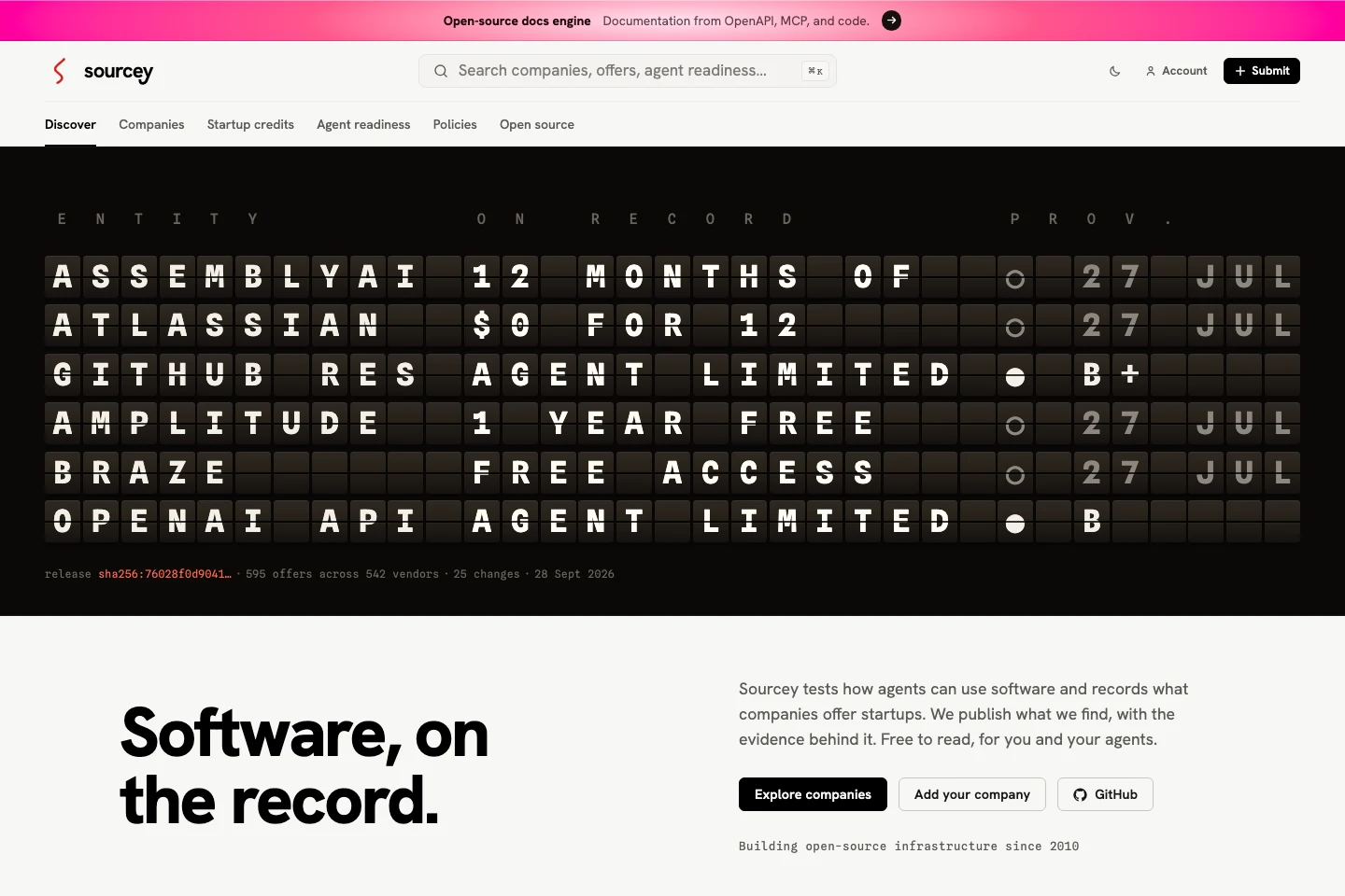 Sourcey’s departure board of software offers and agent readiness records